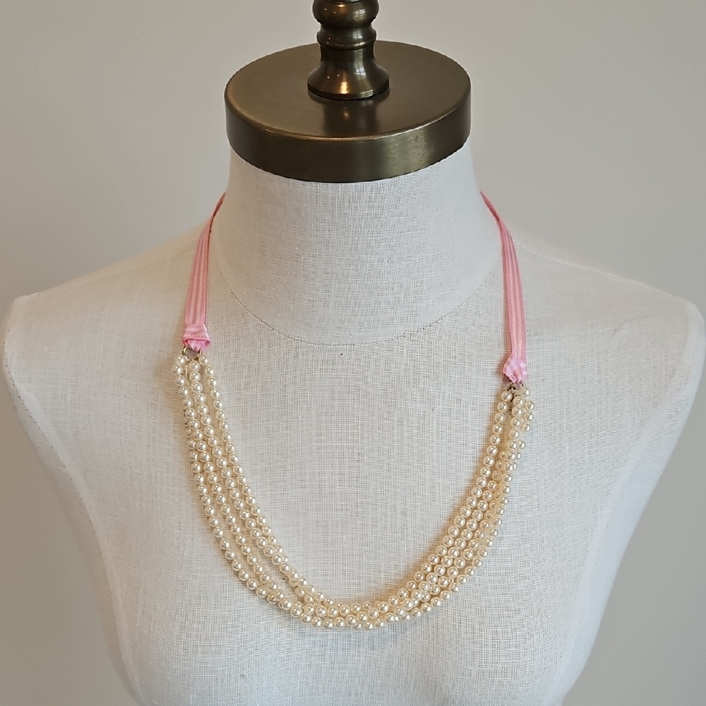 JCREW Elegant Pearl Necklace with Pink Ribbon